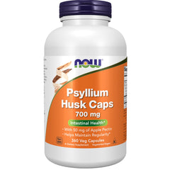 NOW Foods Psyllium Husk Caps bottle showing 700 mg psyllium with 50 mg apple pectin