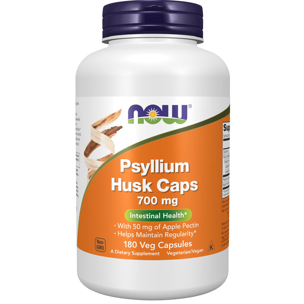 NOW Foods Psyllium Husk Caps bottle label showing 700 mg psyllium and 50 mg apple pectin