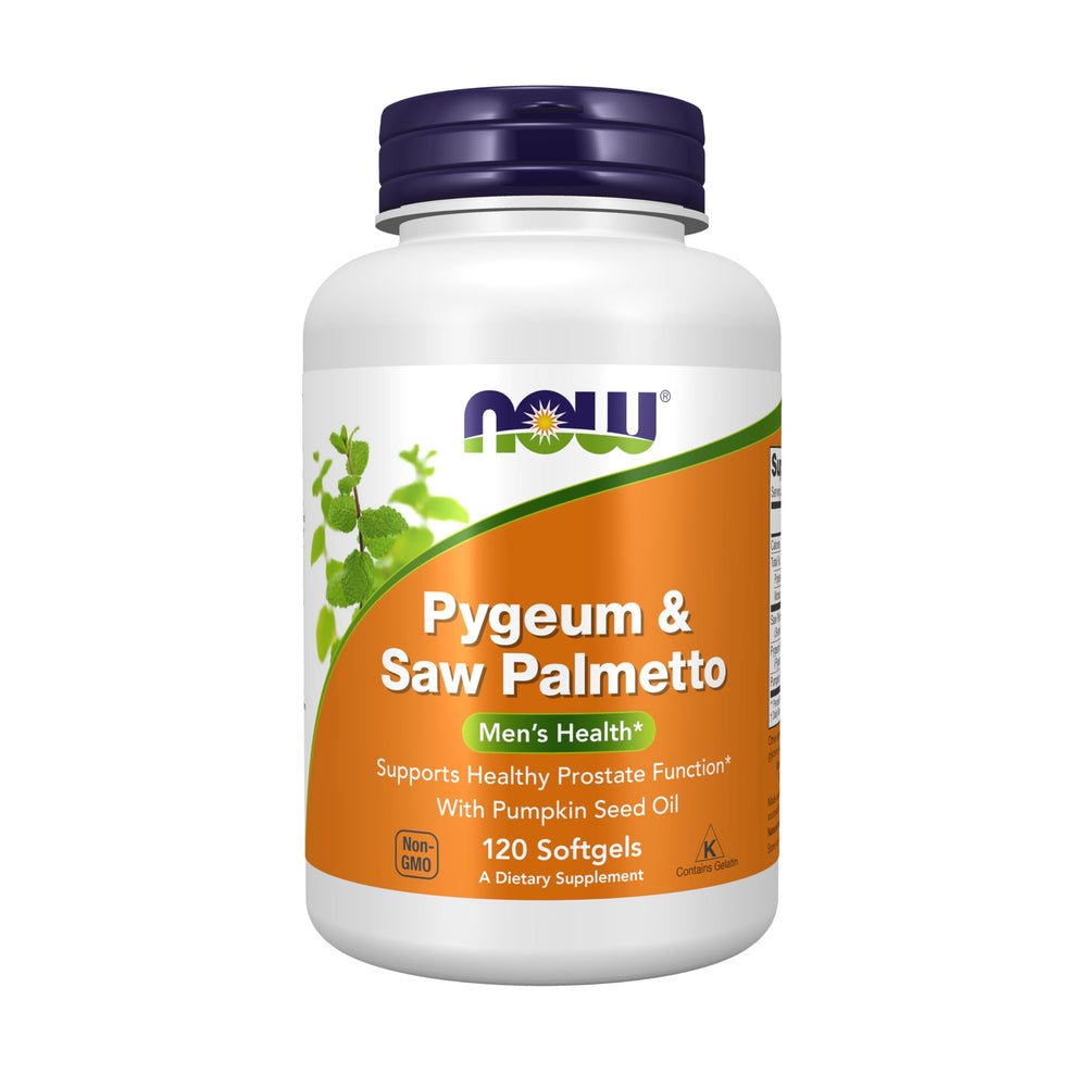 Front view of NOW Foods Pygeum & Saw Palmetto with Pumpkin Seed Oil bottle