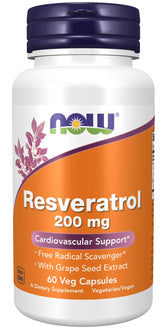 NOW Foods Resveratrol 200 mg with Red Wine Extract bottle and capsules