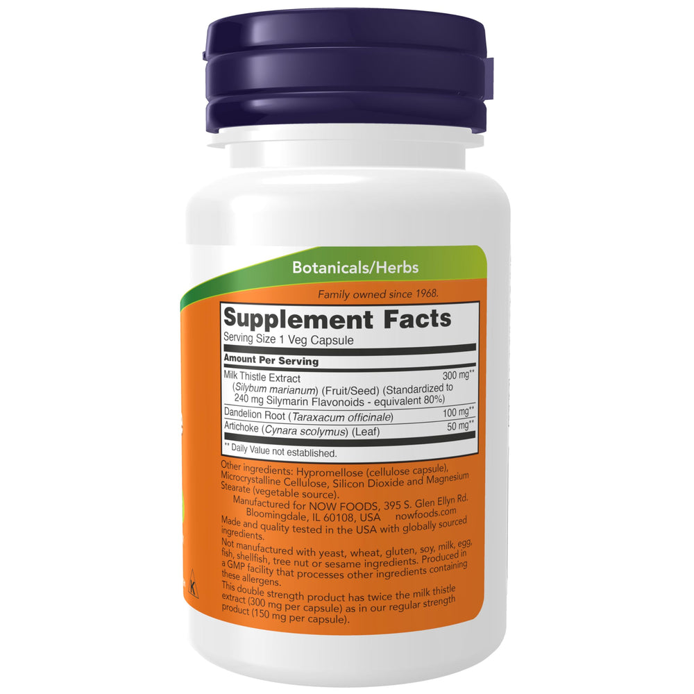 NOW Foods Silymarin Milk Thistle 300 mg bottle back panel showing supplement facts