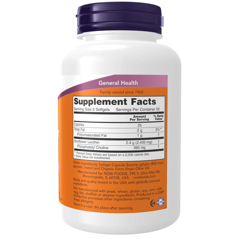 NOW Foods Sunflower Lecithin softgels close-up for easy swallowing