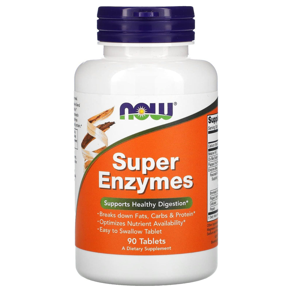 NOW Foods Super Enzymes bottle front view displaying 90 tablets