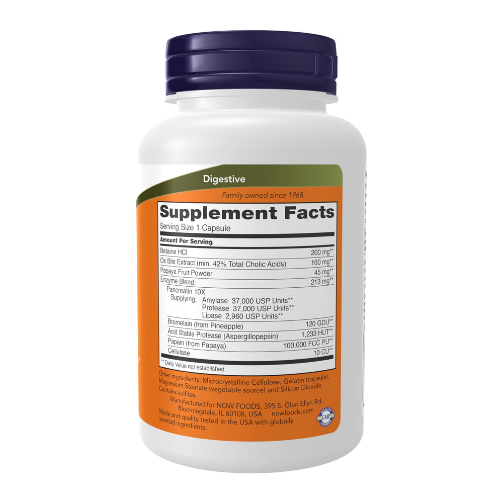 NOW Foods Super Enzymes label close-up highlighting enzyme blend