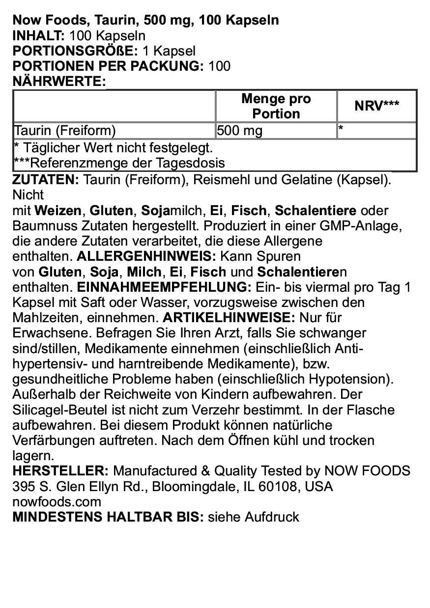 NOW Foods Taurine 500 mg capsules label close-up