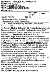 NOW Foods Taurine 500 mg capsules - 100 count bottle pack shot