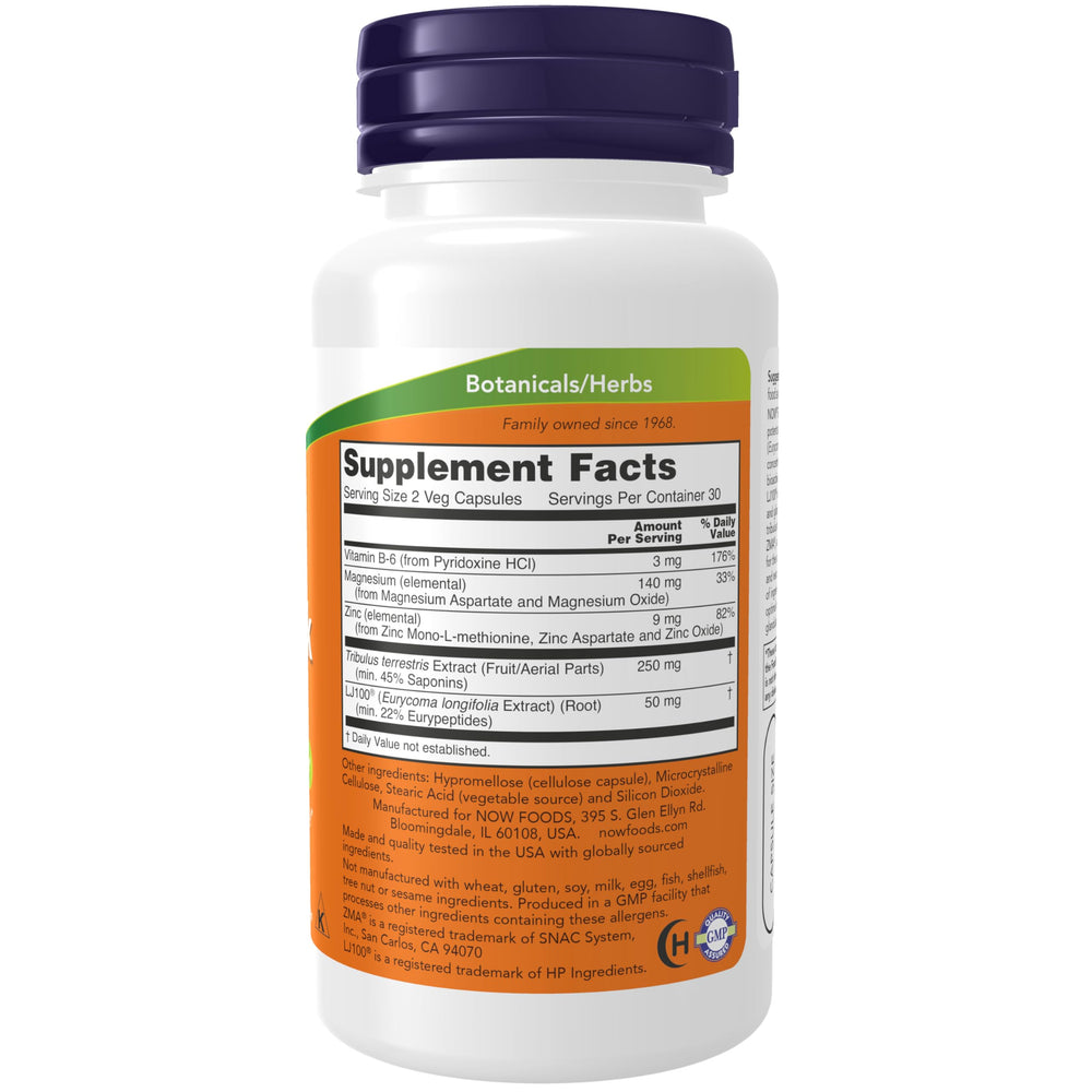 NOW Foods TestoJack 100 label close-up shows LJ100 and ZMA for vitality