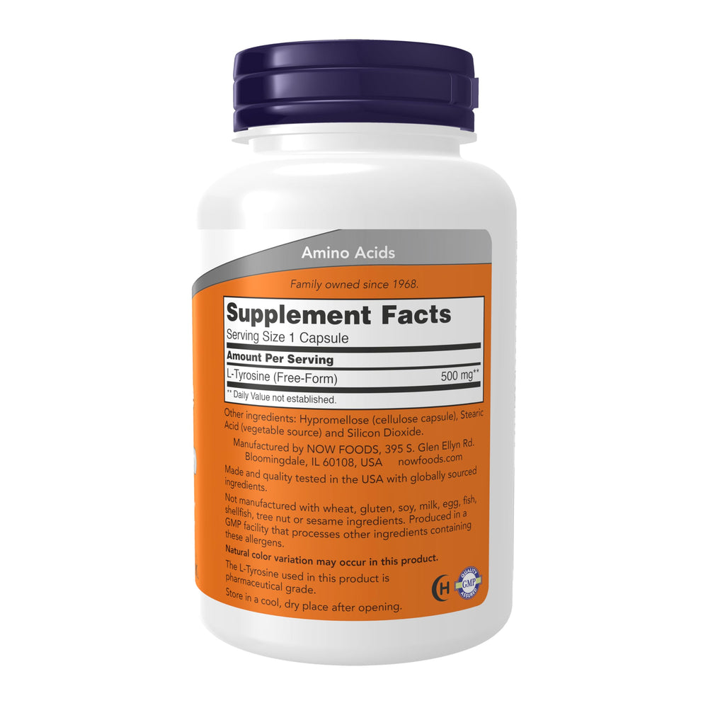 NOW Foods L-Tyrosine capsules packaging for easy daily use.