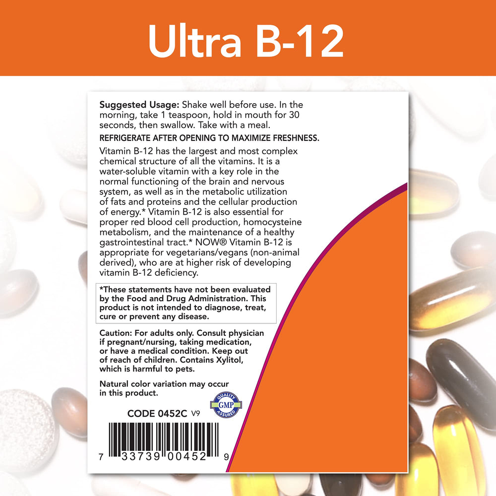 Serving directions for Now Foods Ultra B-12 liquid supplement
