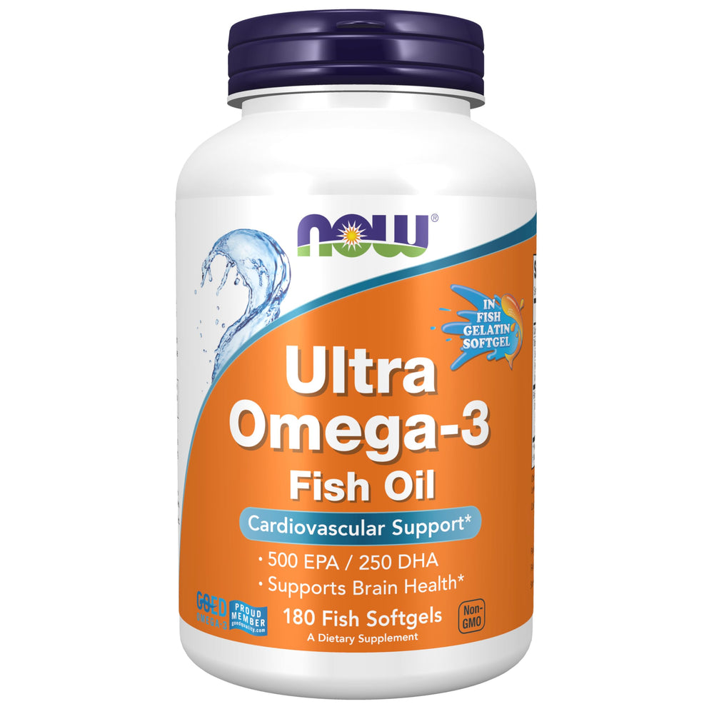 NOW Foods Ultra Omega-3 bottle with 1,000 mg fish oil, 500 EPA / 250 DHA, 180 softgels