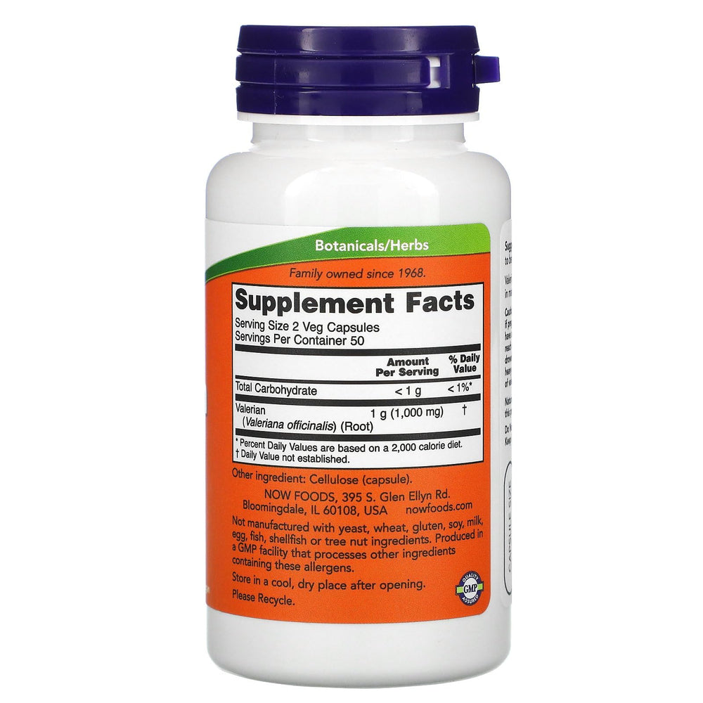 NOW Foods Valerian Root 500mg bottle and capsules on white background