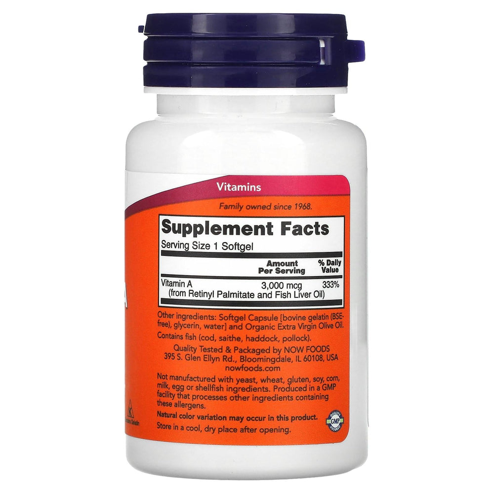 Now Foods Vitamin A 10,000 IU softgels bottle back label