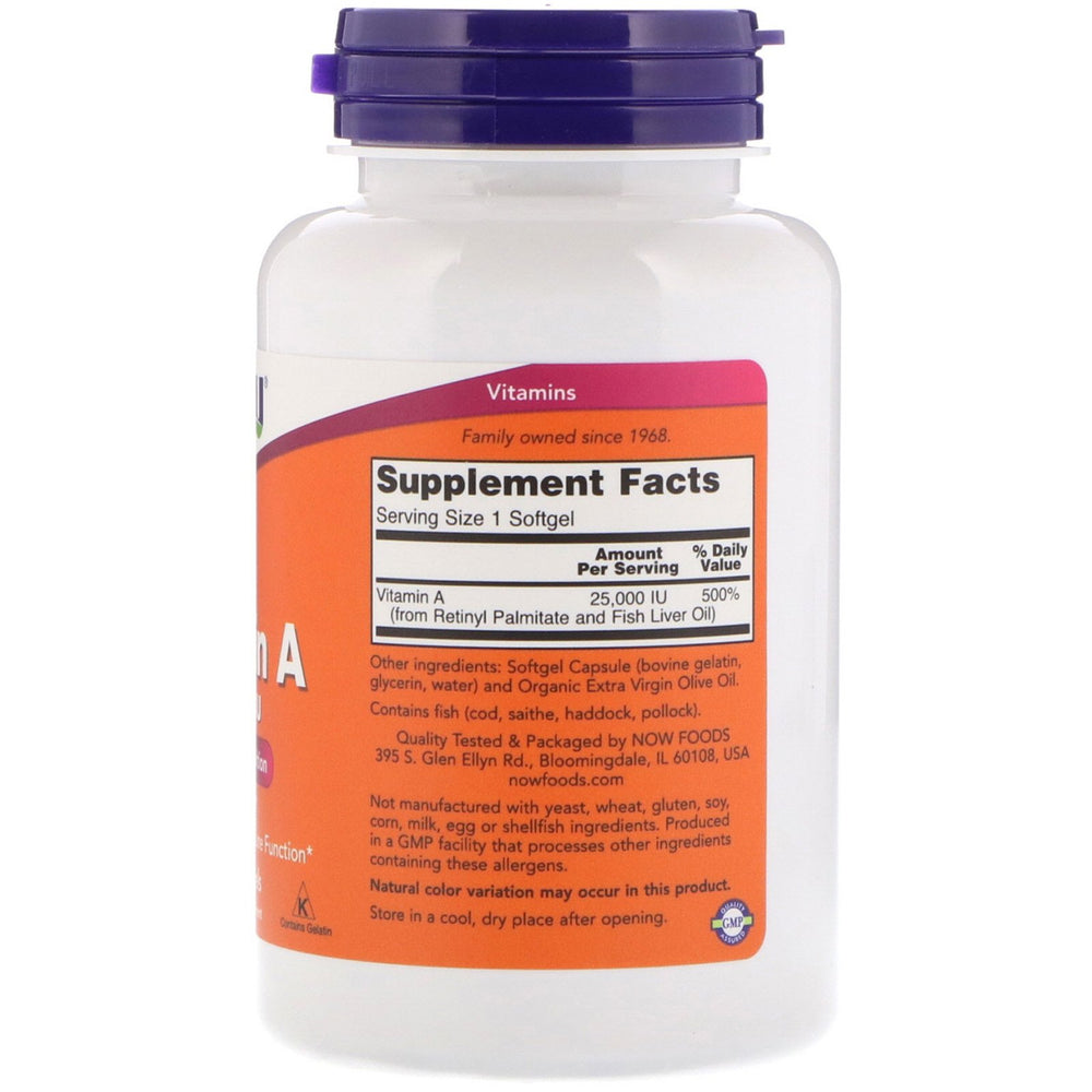Close-up of Now Foods Vitamin A 25,000 IU softgels