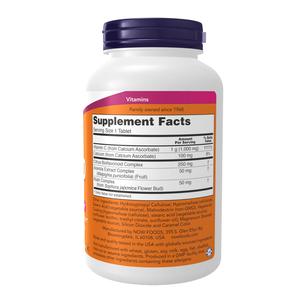 Close up of buffered calcium ascorbate and 250 mg bioflavonoids ingredients