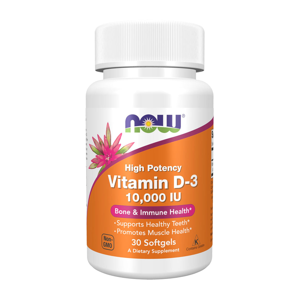 NOW Foods Vitamin D-3 10,000 IU softgels bottle with label