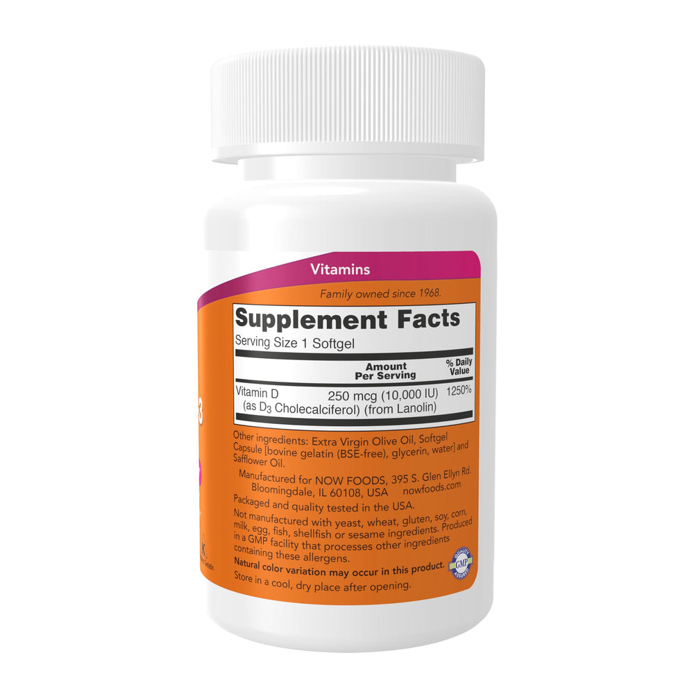 Close up of NOW Foods Vitamin D-3 softgels