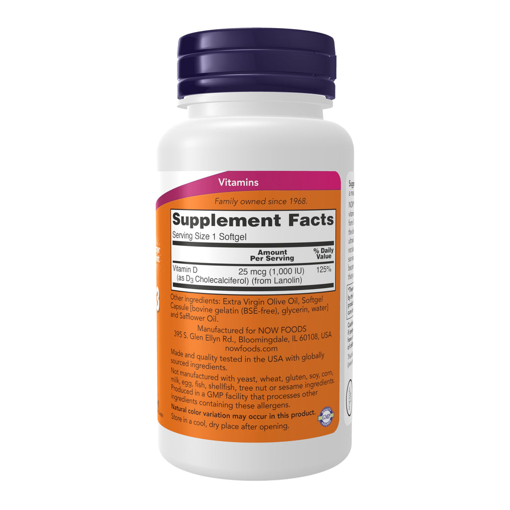 NOW Foods Vitamin D-3 1000 IU softgels bottle with label