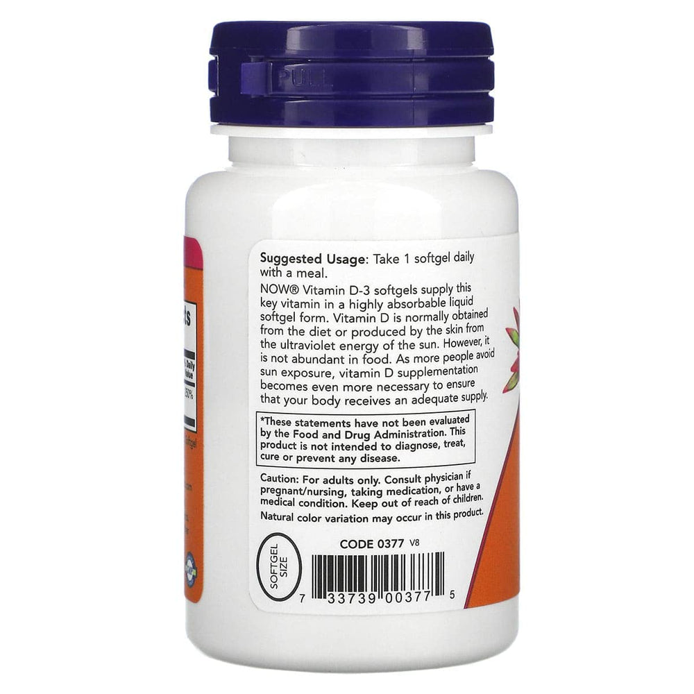 Close-up of Now Foods Vitamin D-3 2000 IU label - 240 softgels