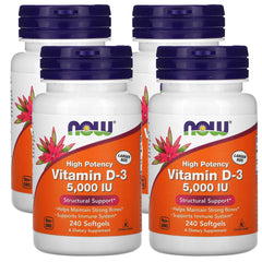 NOW Foods Vitamin D-3 5,000 IU softgels bottle front - 4-pack