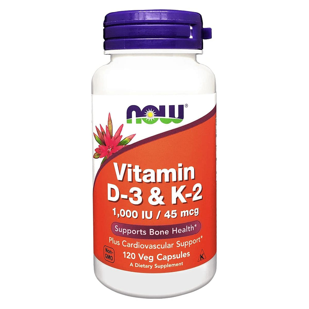 NOW Foods Vitamin D-3 & K-2 120 Veg Capsules bottle - front view