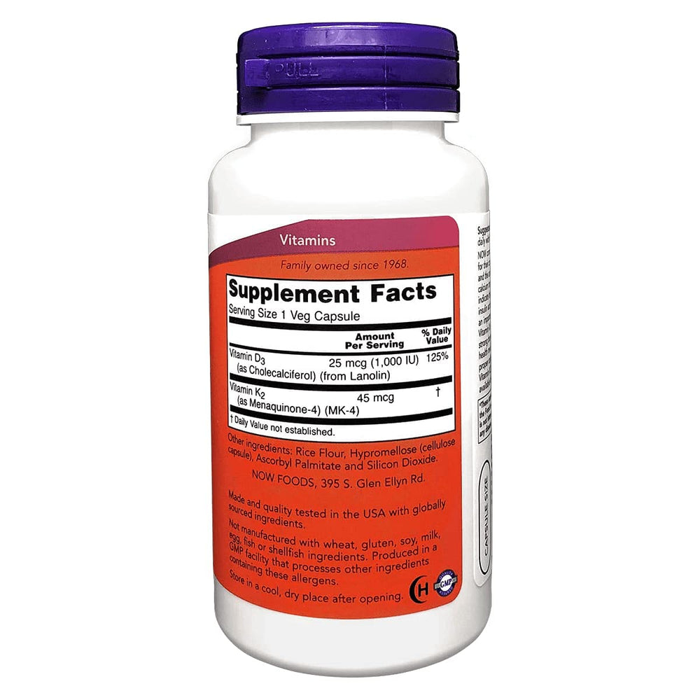 NOW Foods Vitamin D-3 & K-2 bottle label showing D3 and K2 information