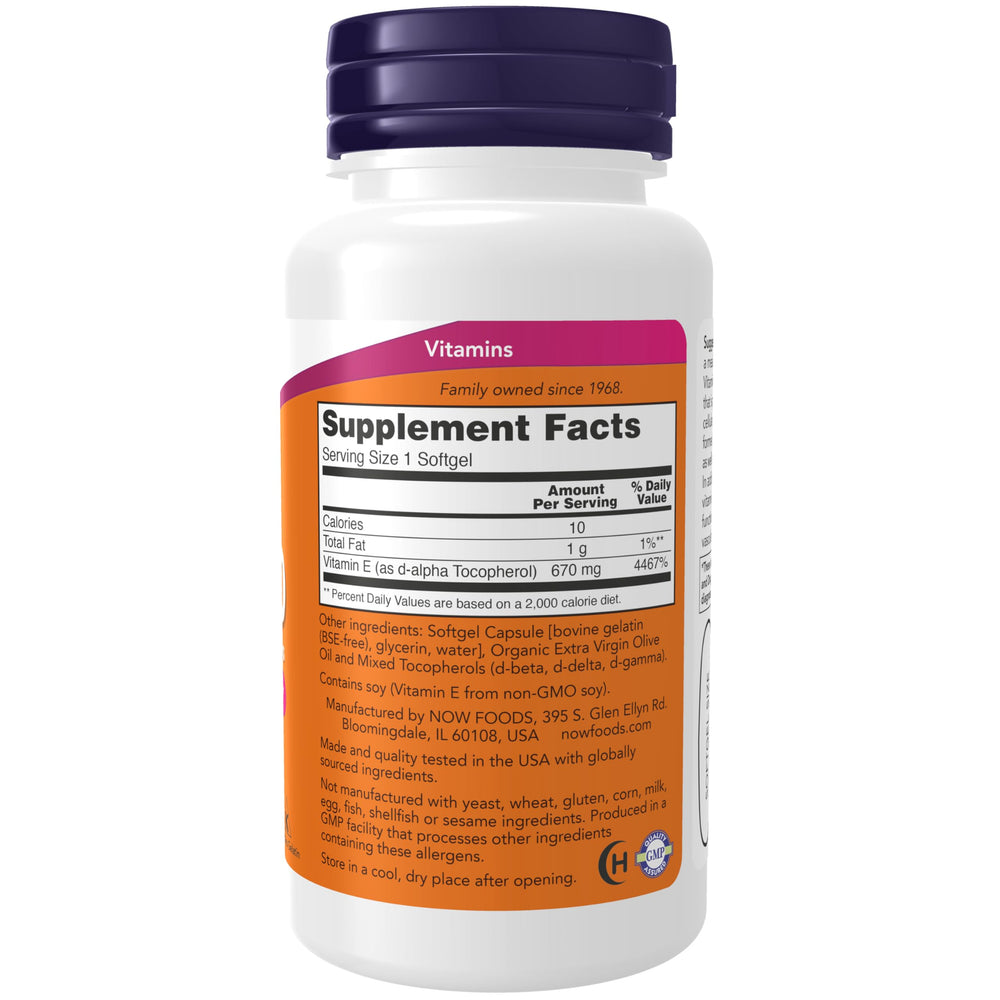 NOW Foods Vitamin E 1000 IU Mixed Tocopherols bottle front view
