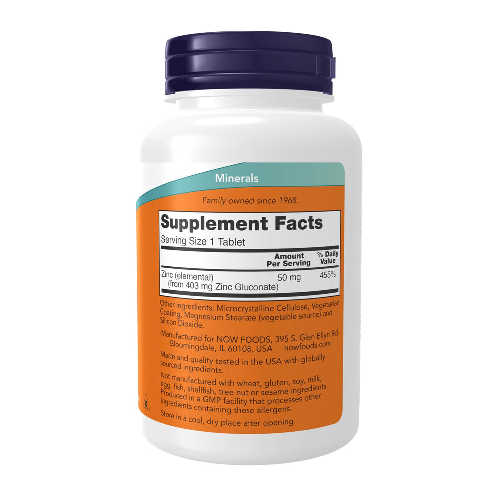NOW Foods Zinc Gluconate 50 mg bottle label with vegan and non-GMO symbols.