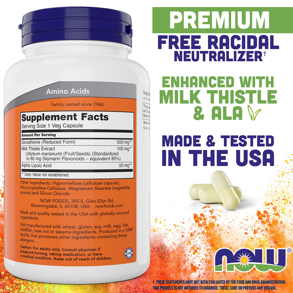 Ingredients panel for NOW Glutathione 500 mg capsules