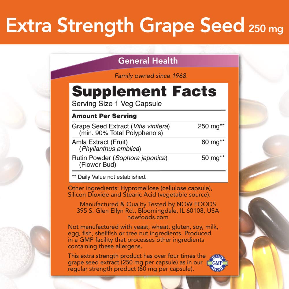 Close-up of NOW Foods Grape Seed Extract 250mg capsule
