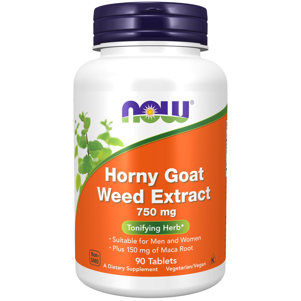 NOW Horny Goat Weed Extract 750 mg plus 150 mg Maca Root tablets packaging