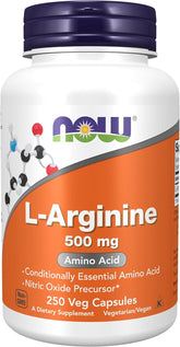 NOW L-Arginine 500 mg, 250 Veg Capsules bottle - front view