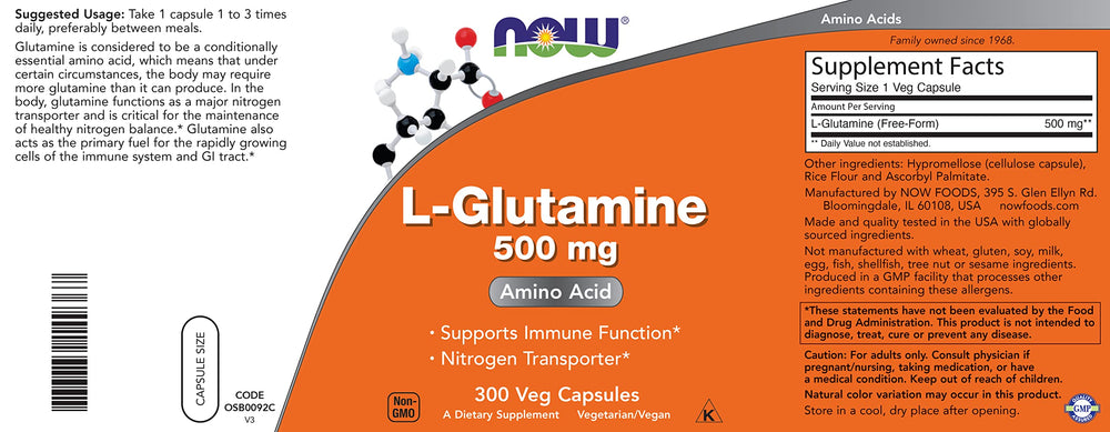 Supplement facts panel for Now L-Glutamine 500 mg