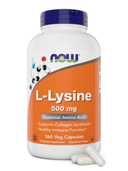 NOW L-Lysine 500 mg bottle with 360 vegetarian capsules on white background