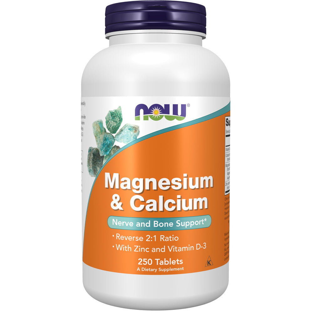 NOW Foods Magnesium & Calcium supplement bottle with zinc and vitamin D-3