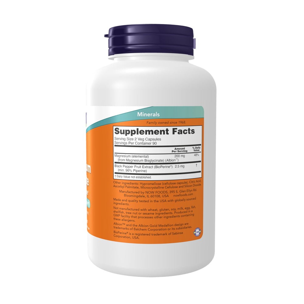 Product label and bottle of NOW Magnesium Glycinate with BioPerine