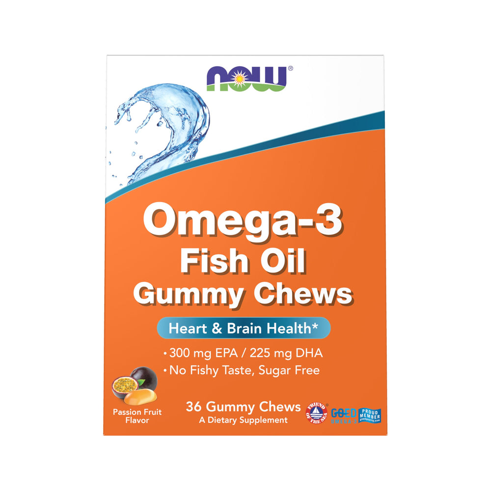 NOW Omega-3 Fish Oil Gummy Chews bottle and orange passion fruit gummies