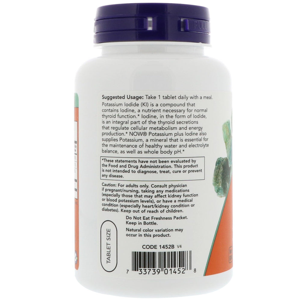 Close-up of NOW Potassium Plus Iodine supplement bottle label