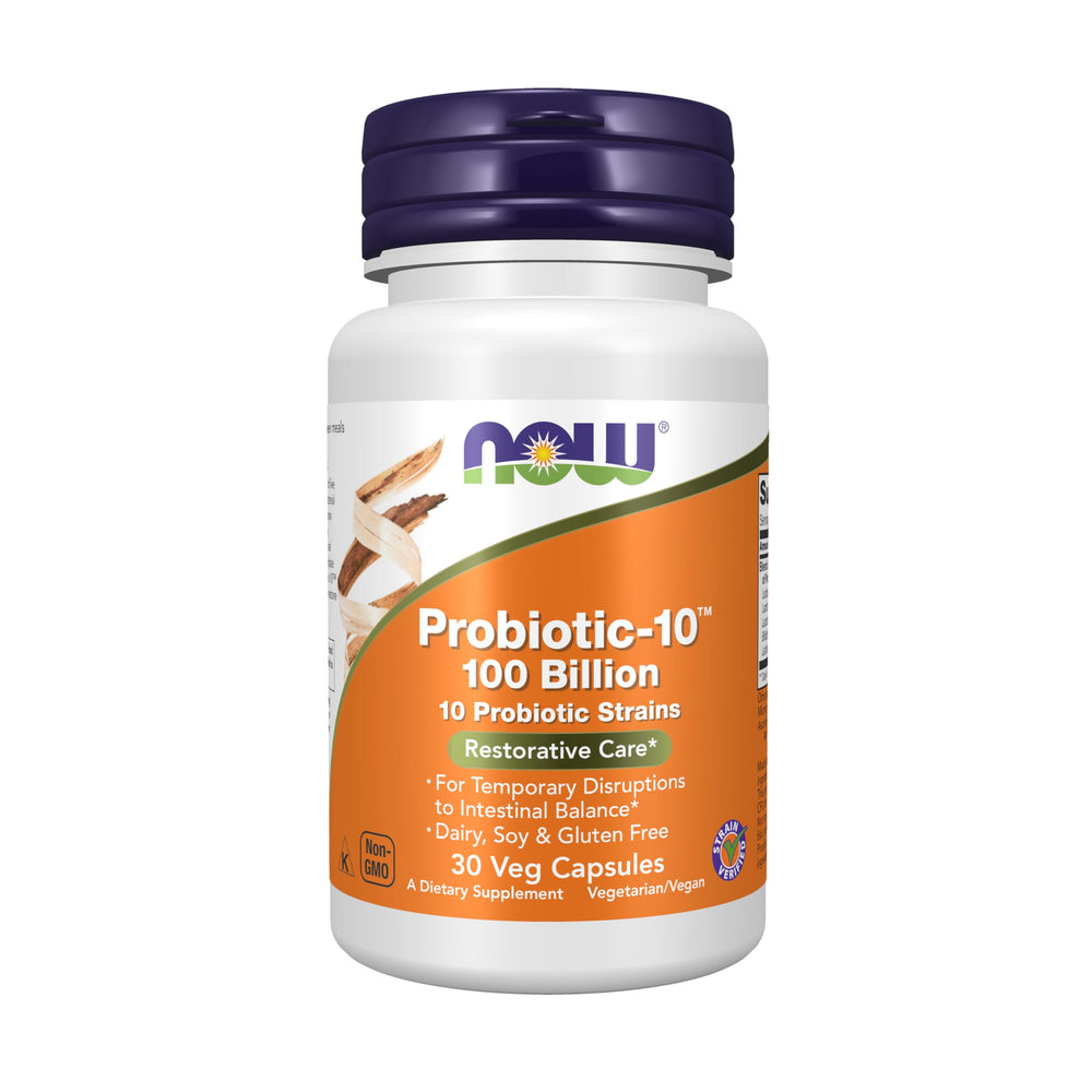 NOW Probiotic-10 bottle label with 100 Billion CFU and 10 probiotic strains