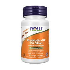 NOW Probiotic-10 bottle label with 100 Billion CFU and 10 probiotic strains