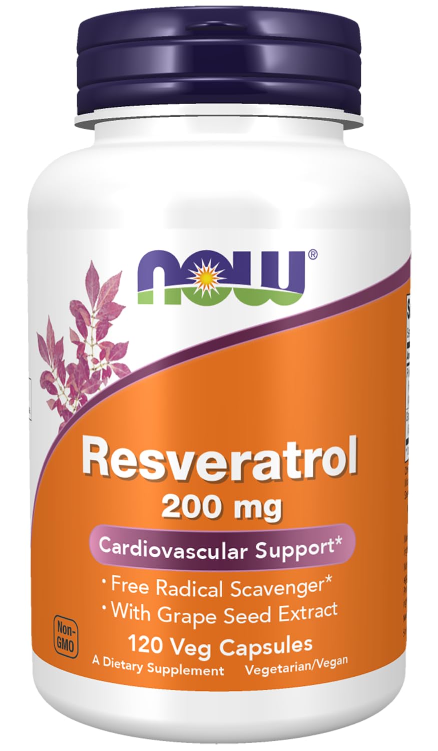 NOW Resveratrol 200 mg bottle with Red Wine Extract - front view