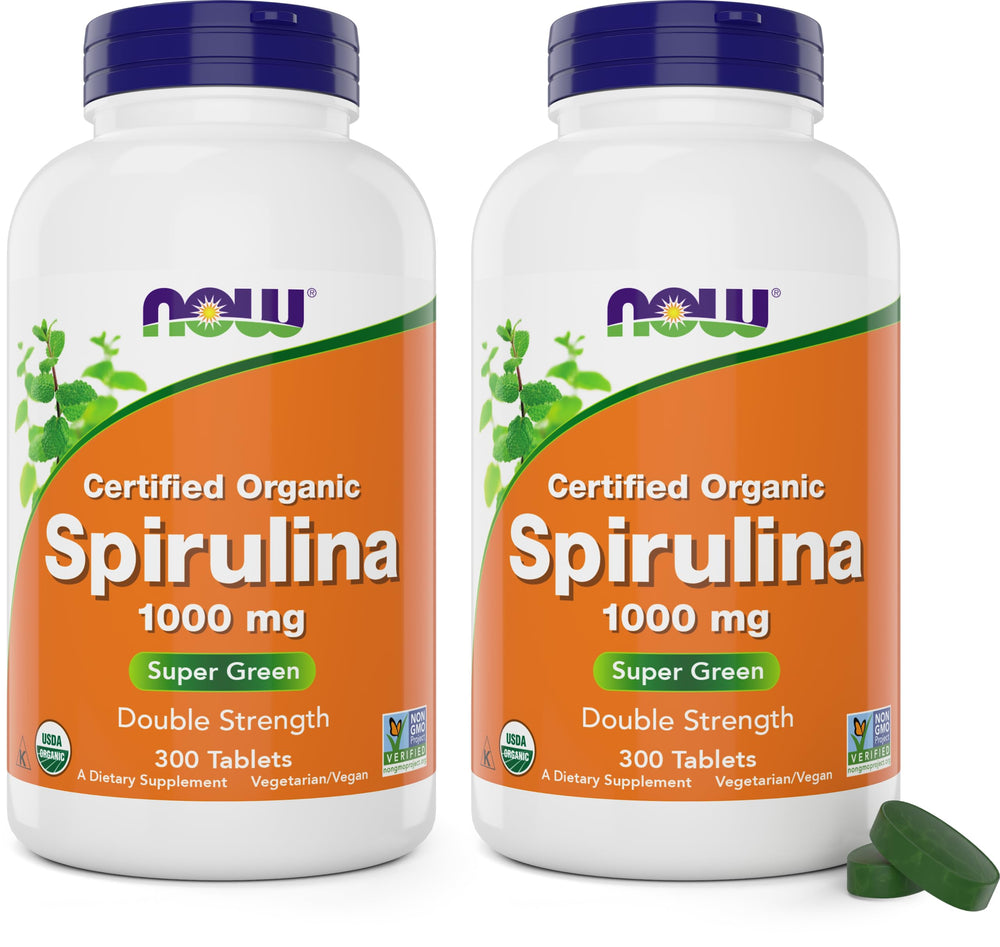 NOW Foods Organic Spirulina 1000mg tablets in a 600-count two-bottle pack front view