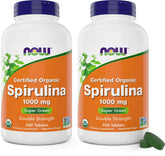 NOW Foods Organic Spirulina 1000mg tablets in a 600-count two-bottle pack front view
