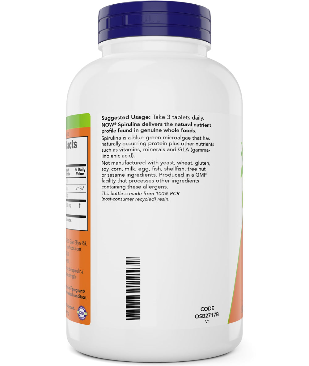 Close up of double-strength 1000mg spirulina tablet