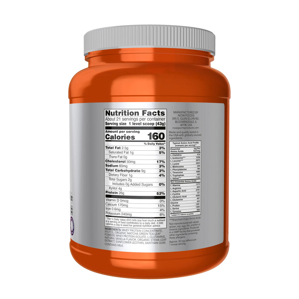 Close-up of NOW Whey Protein powder scoop showing 24 g protein and BCAAs