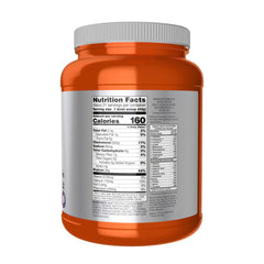 Close-up of NOW Whey Protein powder scoop showing 24 g protein and BCAAs