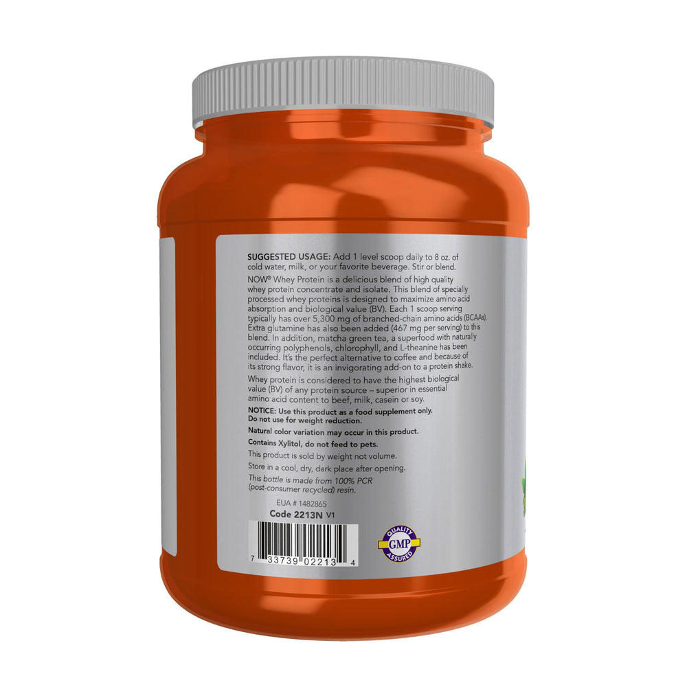 Packaging of NOW Whey Protein with Matcha and BCAAs