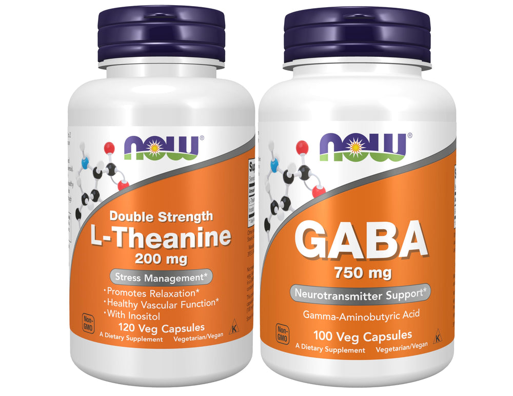 NOW GABA 750 mg bottle and L-Theanine 200 mg with Inositol bundle product image