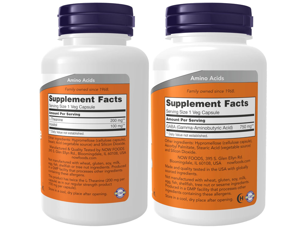 NOW L-Theanine 200 mg with Inositol bottle and capsules