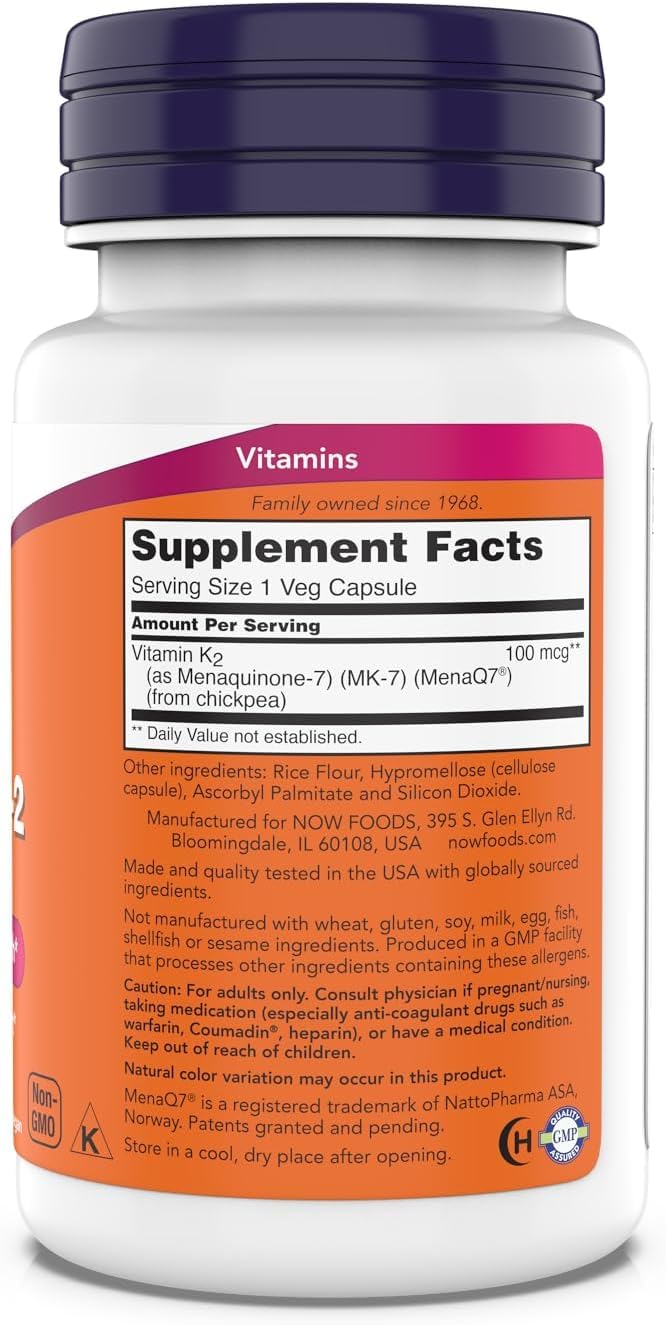 NOW MK-7 Vitamin K-2 bottle back and supplement facts