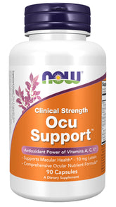 NOW Ocu Support bottle demonstrates daily eye nutrition with FloraGLO lutein for macular health support.